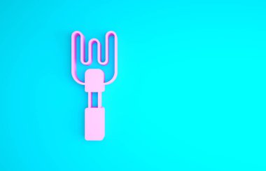 Pembe bahçe tırmık simgesi mavi arkaplanda izole edilmiş. Bahçecilik, tarım, çiftçilik aleti. Toprak işçisi. Temizlik ekipmanları. Minimalizm kavramı. 3d illüstrasyon 3B canlandırma