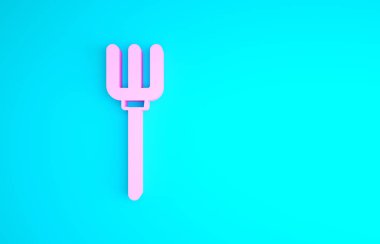 Pembe bahçe yabası ikonu mavi arka planda izole edilmiş. Bahçe çatalı işareti. Bahçecilik, tarım, çiftçilik aleti. Minimalizm kavramı. 3d illüstrasyon 3B canlandırma