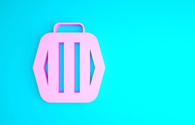 Pembe evcil hayvan çanta ikonu mavi arka planda izole edildi. Hayvanlar, köpekler ve kediler için taşıyıcı. Hayvanlar için konteynır. Hayvan taşıma kutusu. Minimalizm kavramı. 3d illüstrasyon 3B canlandırma