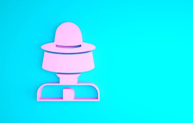 Mavi arka planda izole edilmiş şapka ikonuna sahip pembe arıcı. Özel koruyucu üniforma. Minimalizm kavramı. 3d illüstrasyon 3B canlandırma