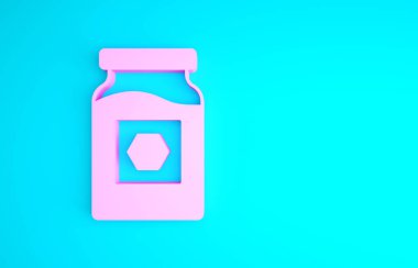 Mavi arkaplanda izole edilmiş pembe kavanoz bal ikonu. Yiyecek bankası. Tatlı doğal gıda sembolü. Minimalizm kavramı. 3d illüstrasyon 3B canlandırma