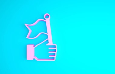 Pembe El, mavi arka planda izole edilmiş bayrak simgesini tutuyor. Zafer, kazanmak ve zorluk konseptini fethetmek. Minimalizm kavramı. 3d illüstrasyon 3B canlandırma