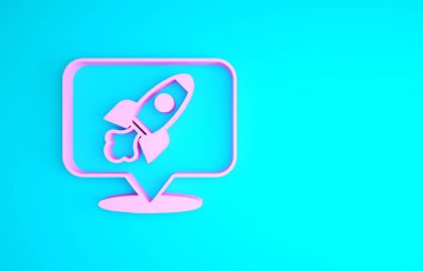 Pembe Roket gemisi simgesi mavi arkaplanda izole edildi. Uzay yolculuğu. Minimalizm kavramı. 3d illüstrasyon 3B canlandırma