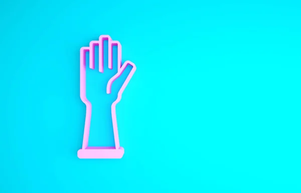 Roze Rubber handschoenen icoon geïsoleerd op blauwe achtergrond. Latex handbescherming. symbool voor huishoudelijke schoonmaakmiddelen. Minimalisme concept. 3d illustratie 3D renderen — Stockfoto