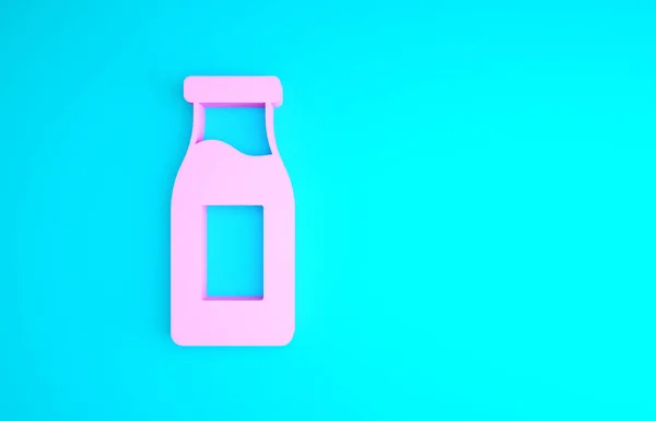 Pink Closed glass bottle with milk icon isolated on blue background. Minimalism concept. 3d illustration 3D render — Stock Photo, Image