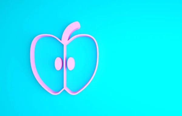 Icono de manzana rosa aislado sobre fondo azul. Fruta con símbolo de hoja. Concepto minimalista. 3D ilustración 3D render —  Fotos de Stock