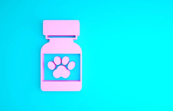 Pink Medicine garrafa e pílulas ícone isolado no fundo azul. Recipiente com comprimidos. Medicamento prescrito para animais. Conceito de minimalismo. 3D ilustração 3D render — Fotografia de Stock