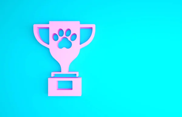 Ícone de símbolo de prêmio Pink Pet isolado no fundo azul. Medalha com pegada de cão como conceito vencedor da exposição de animais de estimação. Conceito de minimalismo. 3D ilustração 3D render — Fotografia de Stock
