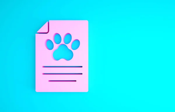 带医疗记录宠物图标的粉色剪贴板在蓝色背景上分离。健康保险表格。医疗检查标记报告最低纲领的概念。3D渲染3D插图 — 图库照片