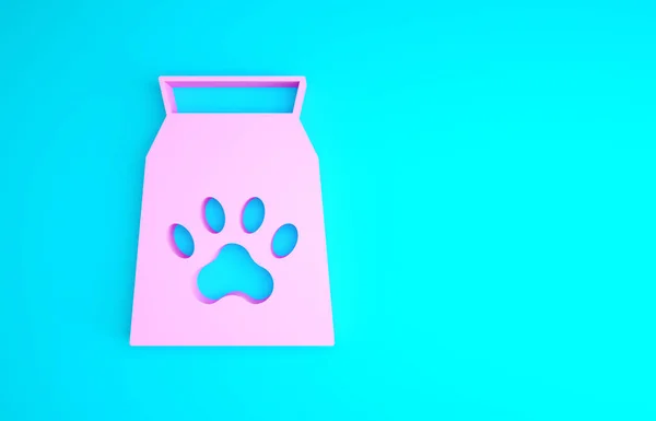 Pink Bag of food voor huisdier pictogram geïsoleerd op blauwe achtergrond. Voedsel voor dieren. Hondenbotteken. Huisdier voedselpakket. Minimalisme concept. 3d illustratie 3D renderen — Stockfoto