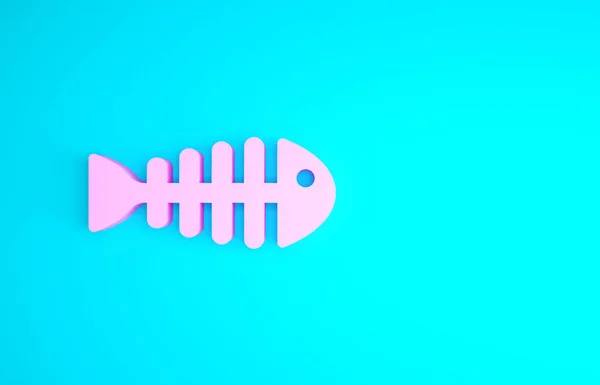 핑크 피쉬 스켈레톤 아이콘은 파란색 배경에 분리되어 있습니다. 물고기 뼈의 신호 야. 미니멀리즘의 개념입니다. 3d 삽화 3D 렌더링 — 스톡 사진