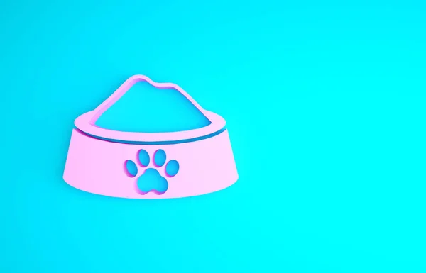 Tigela de alimentos Pink Pet para gato ou cão ícone isolado no fundo azul. Impressão de pata de cão ou gato. Conceito de minimalismo. 3D ilustração 3D render — Fotografia de Stock