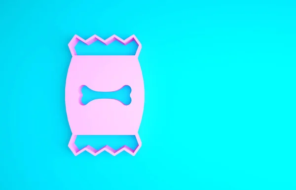 Sacchetto rosa di cibo per l'icona dell'animale domestico isolato su sfondo blu. Cibo per animali. Segno di osso di cane. Pacchetto cibo per animali. Concetto minimalista. Illustrazione 3d rendering 3D — Foto Stock