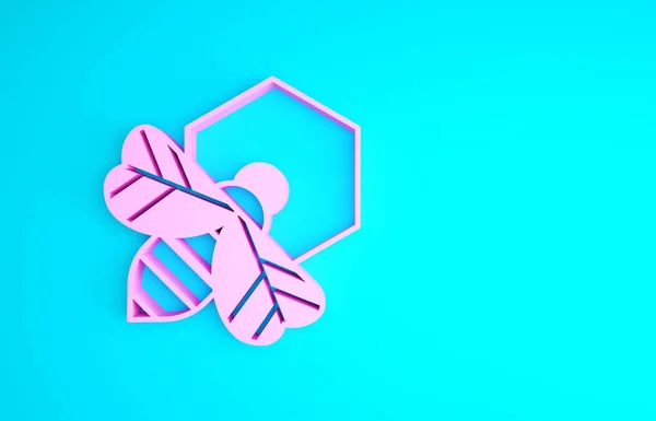 Różowa Pszczoła i ikona plastra miodu odizolowane na niebieskim tle. Komórki miodu. Pszczoła miodna lub małpa z symbolem skrzydeł. Latający insekt. Słodkie naturalne jedzenie. Koncepcja minimalizmu. Ilustracja 3D 3D renderowania — Zdjęcie stockowe