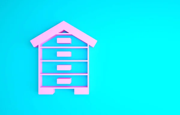 Pink Hive untuk ikon lebah yang diisolasi dengan latar belakang biru. Simbol sarang lebah. Kebun binatang dan peternakan lebah. Makanan alami yang manis. Konsep minimalisme. Tampilan 3D ilustrasi 3d — Stok Foto