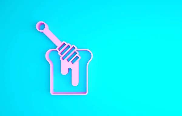 Pink Honey dipper stick dengan ikon madu menetes terisolasi di latar belakang biru. Sendok madu. Konsep minimalisme. Tampilan 3D ilustrasi 3d — Stok Foto