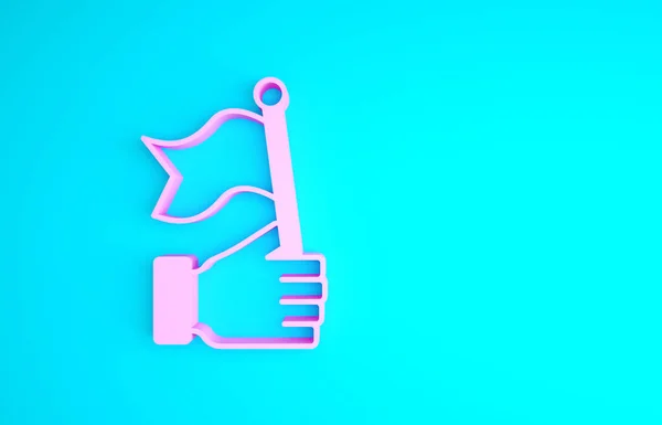 Ροζ χέρι κρατώντας εικονίδιο σημαία απομονώνονται σε μπλε φόντο. Νίκη, νίκη και κατάκτηση αντιξοότητες έννοια. Μινιμαλιστική έννοια. 3d απεικόνιση 3D καθιστούν — Φωτογραφία Αρχείου