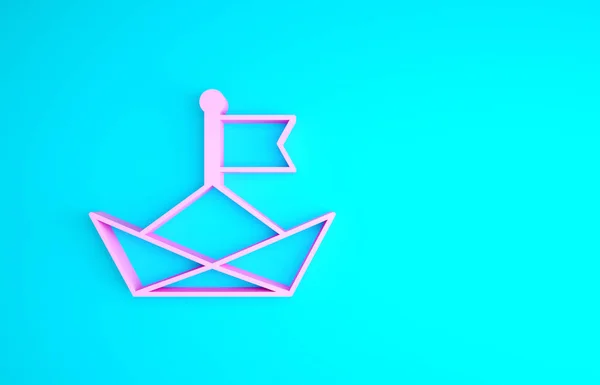 Pinkfarbenes gefaltetes Papierboot-Symbol auf blauem Hintergrund. Origami Papierschiff. Minimalismus-Konzept. 3D Illustration 3D Renderer — Stockfoto
