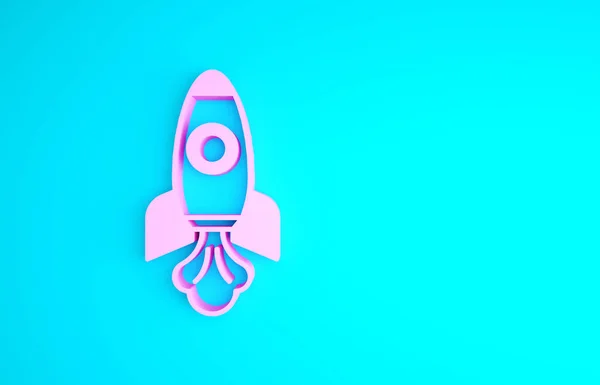 Pink Rocket ship icon isolated on blue background. Space travel. Minimalism concept. 3d illustration 3D render