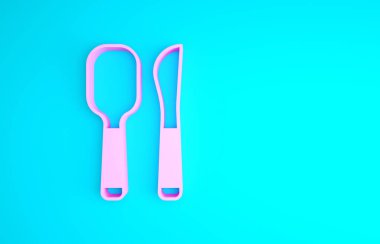 Mavi arka planda pembe bıçak ve kaşık ikonu var. Mutfak aletleri. Çatal bıçak seti. Minimalizm kavramı. 3d illüstrasyon 3B canlandırma