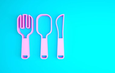 Pembe çatal, kaşık ve bıçak ikonu mavi arka planda izole edilmiş. Mutfak aletleri. Çatal bıçak seti. Minimalizm kavramı. 3d illüstrasyon 3B canlandırma