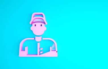 Mavi arkaplanda izole edilmiş pembe beyzbol oyuncusu simgesi. Minimalizm kavramı. 3d illüstrasyon 3B canlandırma