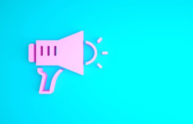 Mavi arkaplanda izole edilmiş pembe megafon simgesi. Sözcü işareti. Minimalizm kavramı. 3d illüstrasyon 3B canlandırma