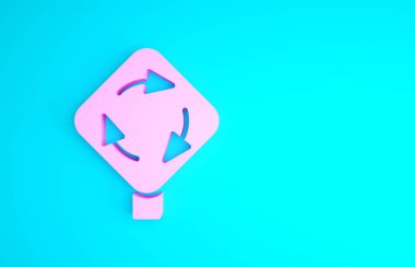 Pembe Roundabout trafik simgesi mavi arkaplanda izole edilmiş. Trafik çember işareti. Minimalizm kavramı. 3d illüstrasyon 3B canlandırma