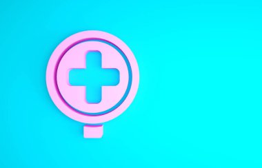 Pembe Hastane yol trafik ikonu mavi arka planda izole edilmiş. Trafik kuralları ve güvenli sürüş. Minimalizm kavramı. 3d illüstrasyon 3B canlandırma