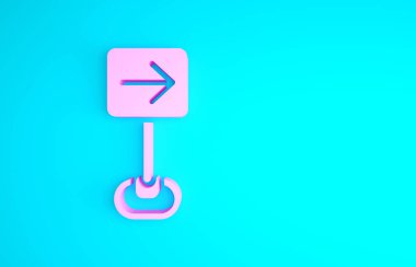 Pembe trafik işareti sağa dön dikkat simgesi mavi arkaplanda izole edildi. Trafik kuralları ve güvenli sürüş. Minimalizm kavramı. 3d illüstrasyon 3B canlandırma