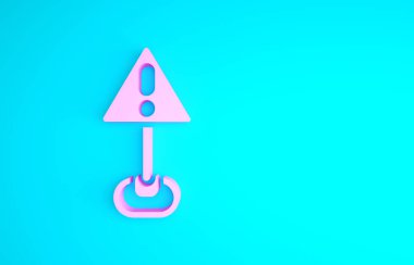 Mavi arkaplanda izole edilmiş üçgen simgesinde pembe ünlem işareti. Tehlike uyarısı, dikkat, dikkat, tehlike uyarısı önemli bir işaret. Minimalizm kavramı. 3d illüstrasyon 3B canlandırma