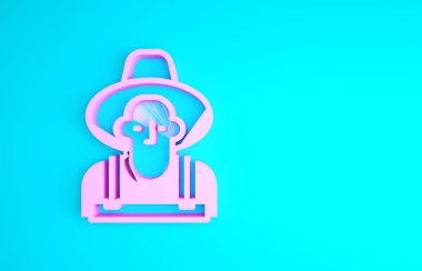 Mavi arka planda izole edilmiş şapka ikonundaki pembe çiftçi. Minimalizm kavramı. 3d illüstrasyon 3B canlandırma