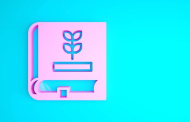 Mavi arkaplanda izole edilmiş tohum ikonu hakkında pembe kitap. Minimalizm kavramı. 3d illüstrasyon 3B canlandırma