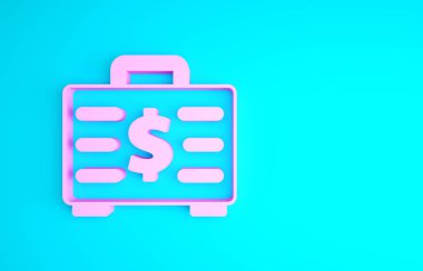 Pembe evrak çantası ve para ikonu mavi arka planda izole edilmiş. İş ilanı. İş portföyü. Minimalizm kavramı. 3d illüstrasyon 3B canlandırma