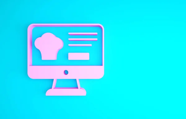 Pink Online pedido y entrega de comida rápida icono aislado sobre fondo azul. Concepto minimalista. 3D ilustración 3D render — Foto de Stock