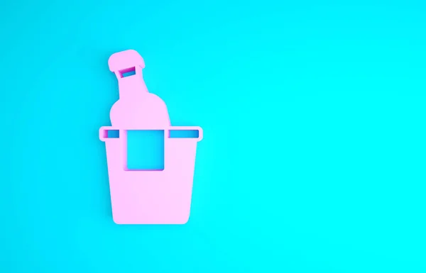 Botella rosa de champán en un icono de cubo de hielo aislado sobre fondo azul. Concepto minimalista. 3D ilustración 3D render —  Fotos de Stock