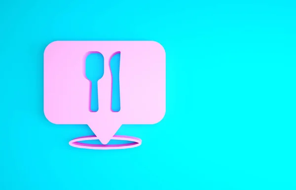 Pink Cafe en restaurant locatie icoon geïsoleerd op blauwe achtergrond. Vork en lepel eetbord aan de binnenkant. Minimalisme concept. 3d illustratie 3D renderen. — Stockfoto