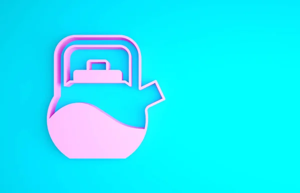 Pink Kettle z ikoną rączki na niebieskim tle. Ikona czajnika. Koncepcja minimalizmu. Ilustracja 3D 3D renderowania — Zdjęcie stockowe