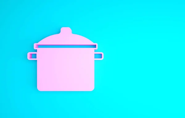 粉色烹饪锅图标隔离在蓝色背景。蒸煮或炖煮食品的象征.最低纲领的概念。3D渲染3D插图 — 图库照片