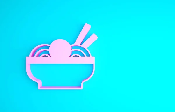 Fideos asiáticos rosados en tazón y palillos icono aislado sobre fondo azul. Comida rápida callejera. Coreano, japonés, comida china. Concepto minimalista. 3D ilustración 3D render —  Fotos de Stock
