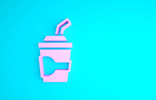 Vidro de papel rosa com palha de bebida e ícone de água isolado no fundo azul. Copo de refrigerante. Símbolo da bebida fresca fria. Conceito de minimalismo. 3D ilustração 3D render — Fotografia de Stock