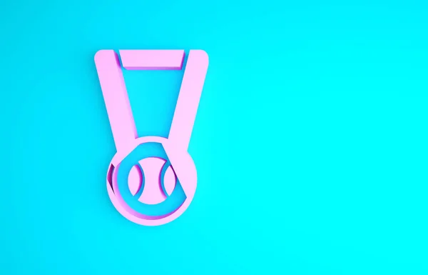 Rózsaszín érem baseball labda ikon elszigetelt kék alapon. Győztes szimbólum. Minimalizmus koncepció. 3d illusztráció 3D render — Stock Fotó