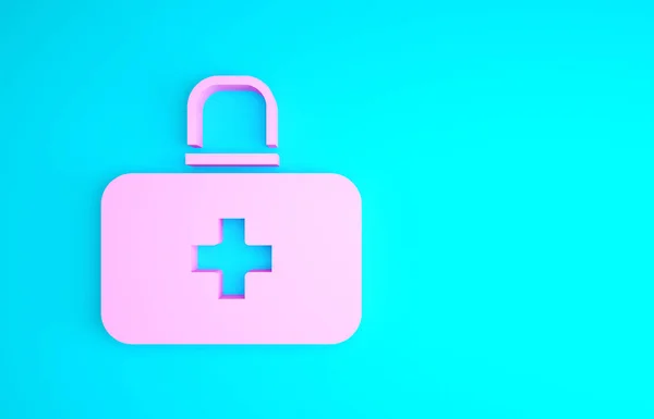 Pink First aid kit icon isolated on blue background. Medical box with cross. Medical equipment for emergency. Healthcare concept. Minimalism concept. 3d illustration 3D render — Stock Photo, Image