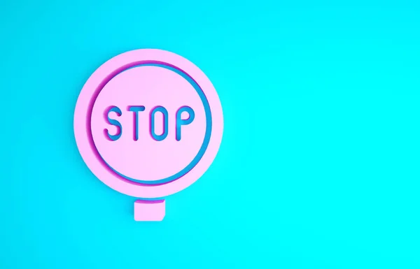 Pink Stop sign icon isolated on blue background. Traffic regulatory warning stop symbol. Minimalism concept. 3d illustration 3D render — Stock Photo, Image