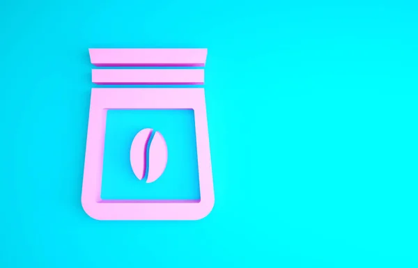 Rosa Bolsa de granos de café icono aislado sobre fondo azul. Concepto minimalista. 3D ilustración 3D render — Foto de Stock