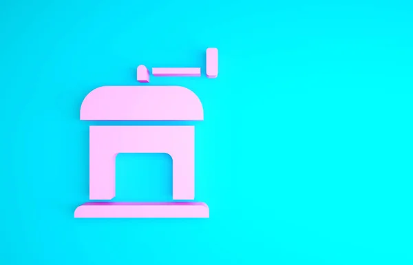 Рожева ручна піктограма кавомолки ізольована на синьому фоні. Концепція мінімалізму. 3D ілюстрація 3D рендеринга — стокове фото