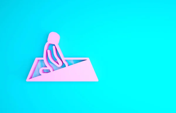 핑크 모슬렘 남성은 파란색 배경에 고립된 카펫 아이콘 위에서 기도를 한다. 미니멀리즘의 개념입니다. 3d 삽화 3D 렌더링 — 스톡 사진