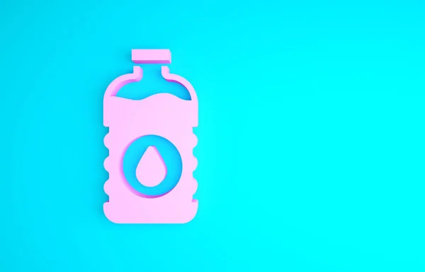 Рожева пляшка значка води ізольована на синьому фоні. Знак содового напою з акваріума. Концепція мінімалізму. 3D ілюстрація 3D рендеринга — стокове фото