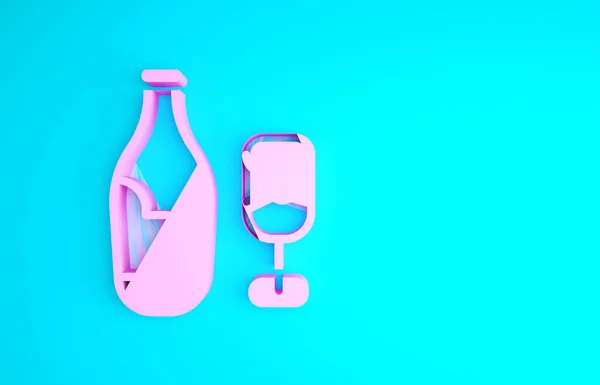 Botella de vino rosa con icono de vidrio aislado sobre fondo azul. Concepto minimalista. 3D ilustración 3D render — Foto de Stock