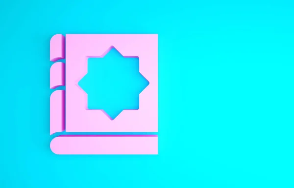 Pink Holy book of Koran icon isolated on blue background. Muslim holiday, Eid Mubarak, Eid al-fitr, Ramadan Kareem. Minimalism concept. 3d illustration 3D render — Stock Photo, Image